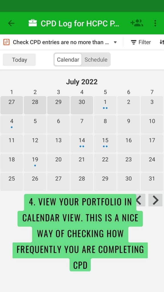 4. view your portfolio in calendar view. This is a nice way of checking how frequently you are completing CPD